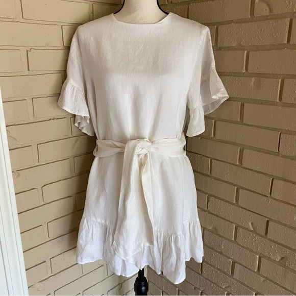 Urban Outfitters White Linen Mini Dress Size Small Preppy Boxy Babydoll Coastal - Picture 1 of 9